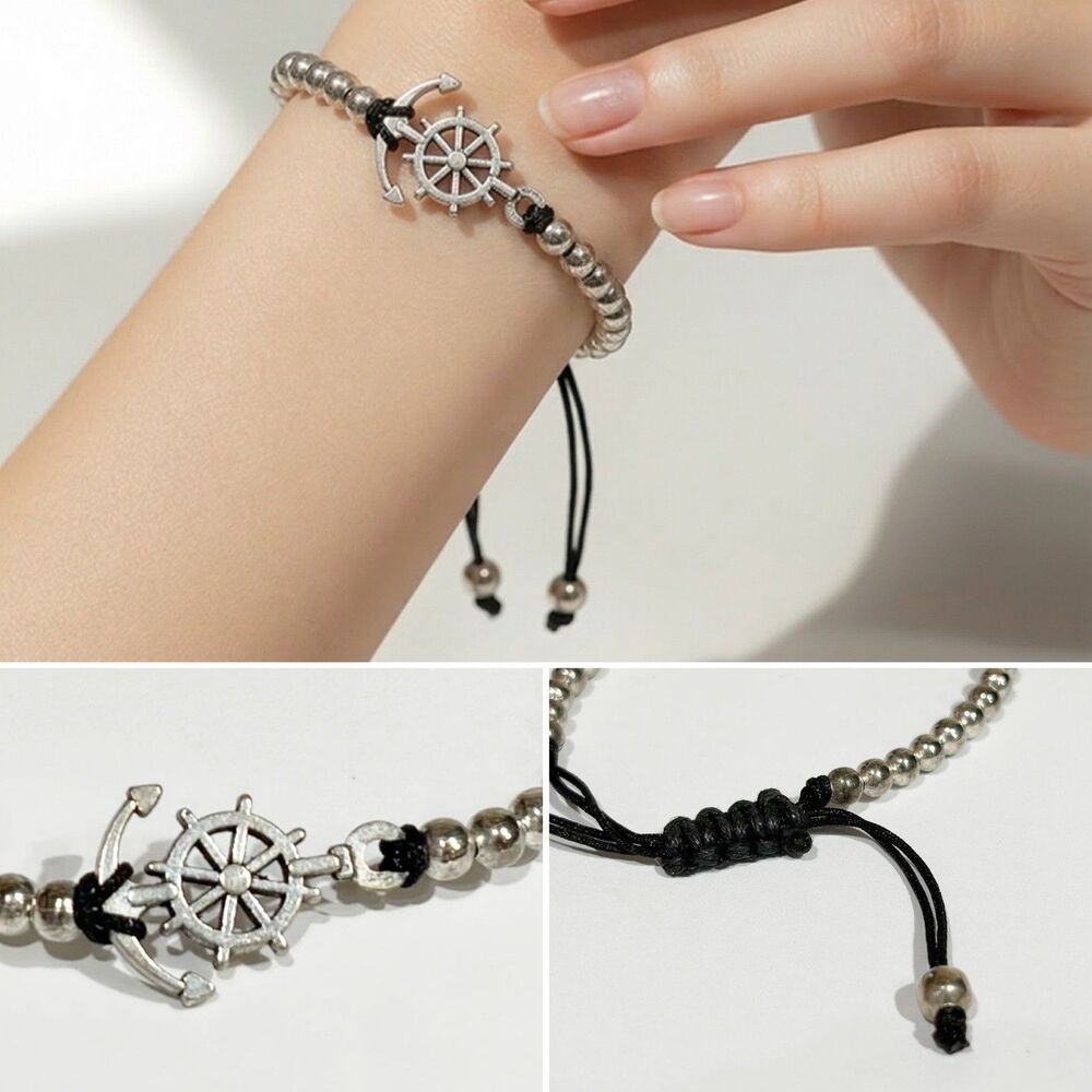 Nautical Anchor & Ship Wheel Bracelet Silver Beads Adjustable Rope Unisex 6-9" - Picture 3 of 12